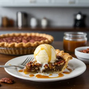 Southern Pecan Pie Slice with Vanilla Ice Cream – Recipe Card