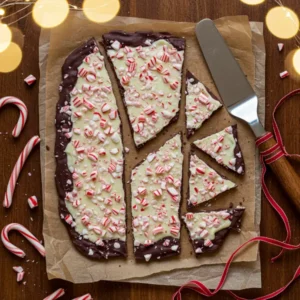“Homemade peppermint bark broken into festive shards on parchment, topped with crushed candy canes and layered white and dark chocolate, styled with ribbon and twinkle lights.”