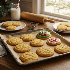 Classic Christmas sugar cookies with buttercream frosting on parchment paper