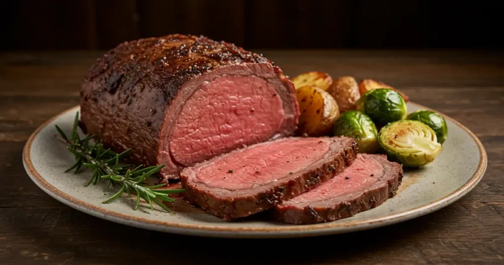 "Medium-Rare Prime Rib Roast Served in a Restaurant Setting"