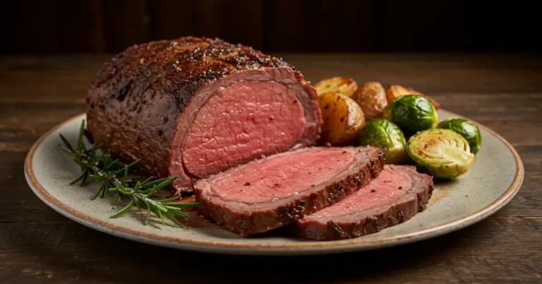 "Medium-Rare Prime Rib Roast Served in a Restaurant Setting"
