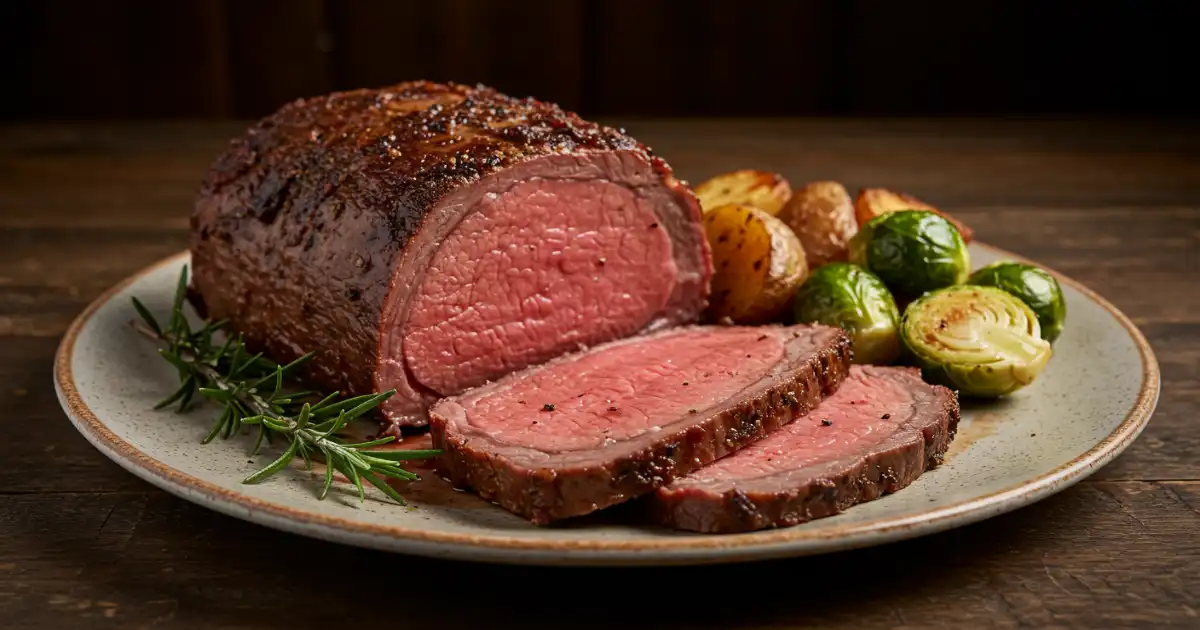 "Medium-Rare Prime Rib Roast Served in a Restaurant Setting"