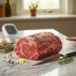 "Uncooked prime rib roast tied with butcher’s twine, seasoned with garlic, rosemary, and pepper, placed on a marble countertop with a meat thermometer and carving knife nearby."