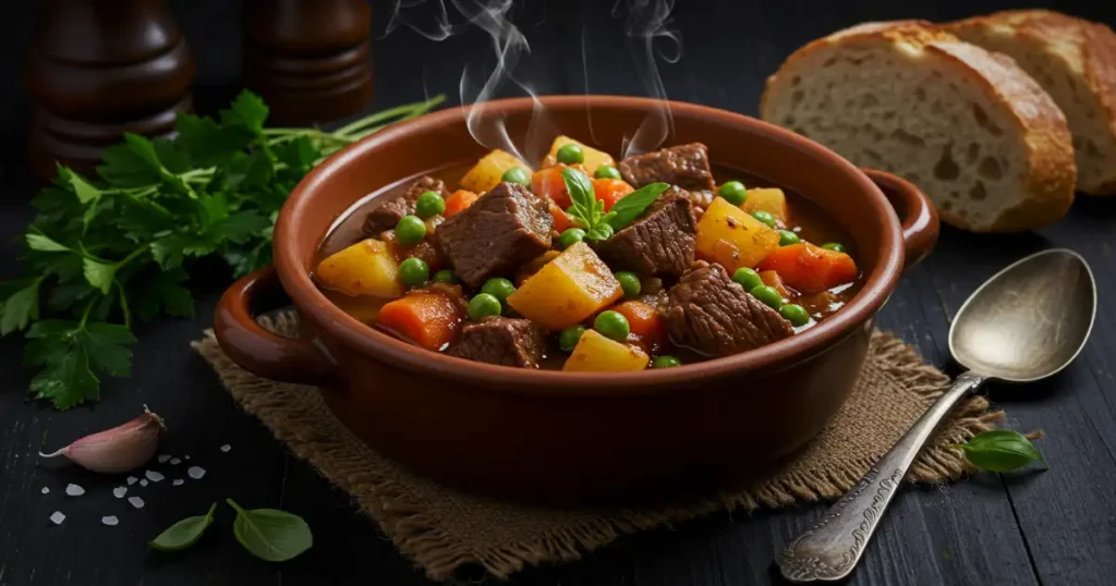 Rich and hearty beef stew served in a rustic bowl