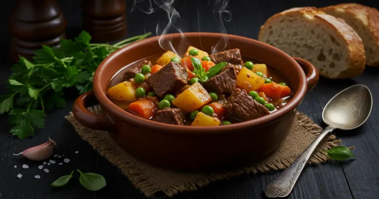 Rich and hearty beef stew served in a rustic bowl