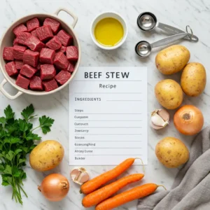 Beef stew recipe card with ingredients and cooking steps