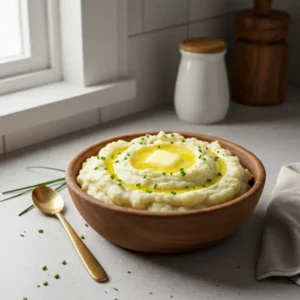 Mashed Potatoes for 6 with Butter and Chives in Wooden Bowl