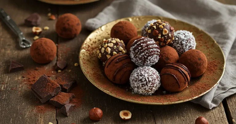 Homemade chocolate truffles on gold-trimmed plate with cocoa and nuts