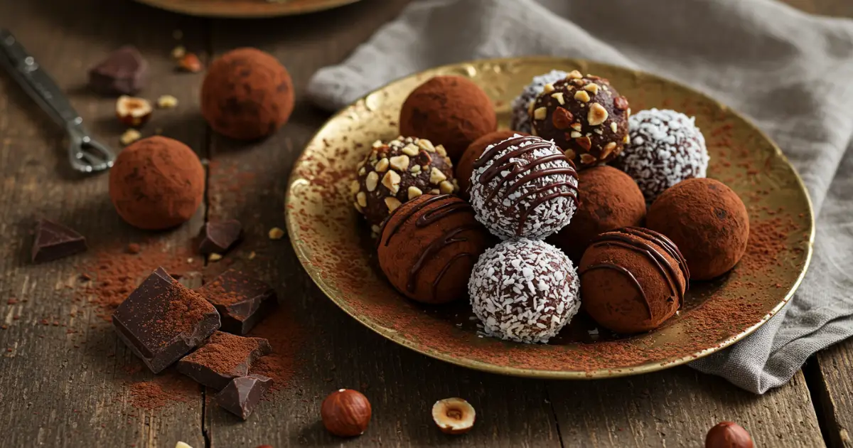 Homemade chocolate truffles on gold-trimmed plate with cocoa and nuts