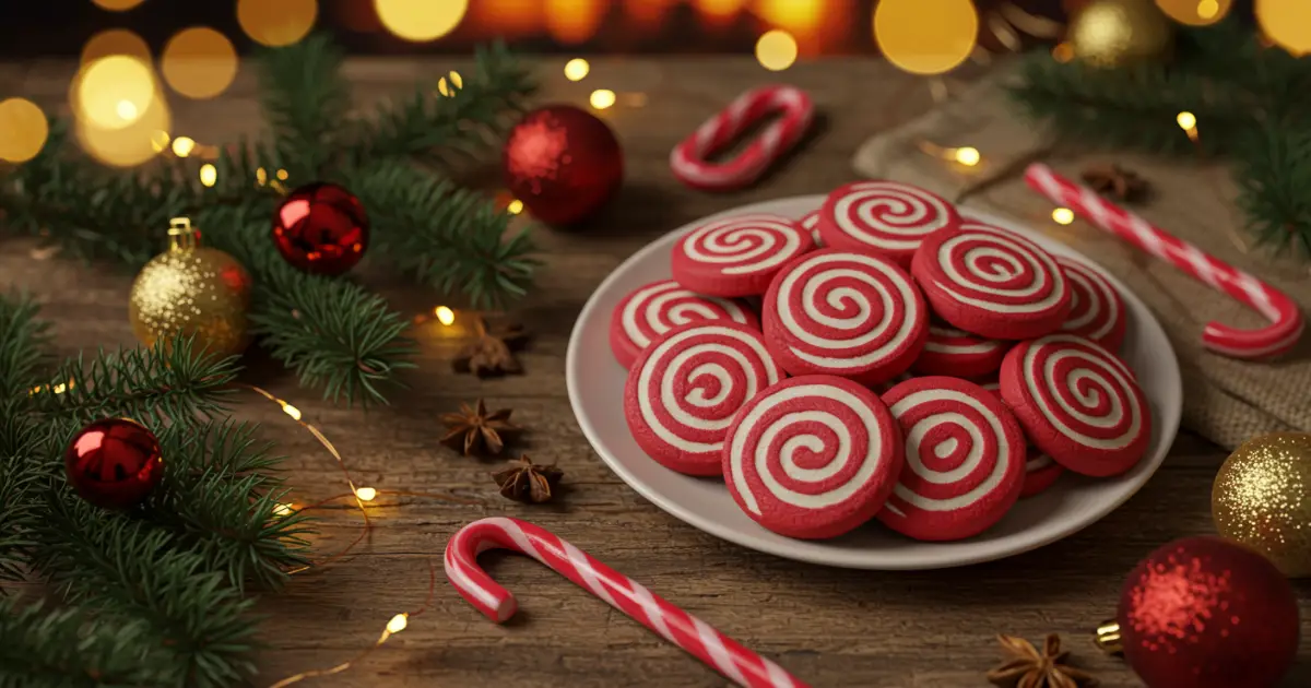 Candy cane cookies on rustic wooden holiday table with festive decor