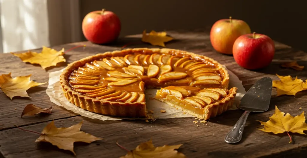 Golden caramel apple tart on a rustic wooden table surrounded by autumn leaves and warm sunlight