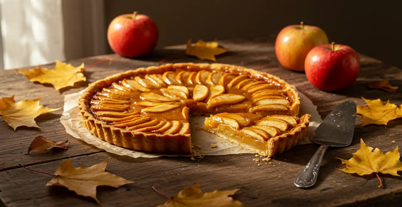 Golden caramel apple tart on a rustic wooden table surrounded by autumn leaves and warm sunlight