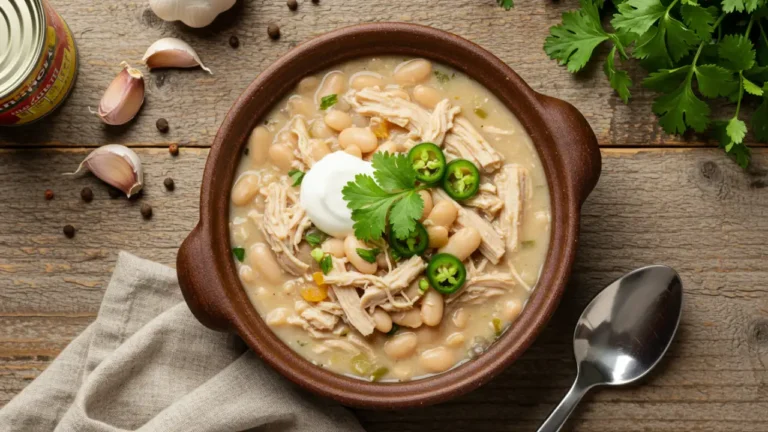White chicken chili in a bowl with beans and herbs