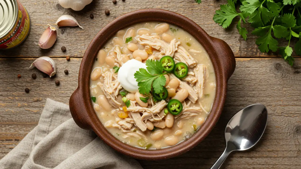 White chicken chili in a bowl with beans and herbs