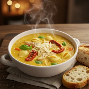 A steaming bowl of creamy Marry Me Chicken Soup with rotisserie chicken, shell pasta, sun-dried tomatoes, and fresh basil, served with crusty bread on a rustic wooden table.