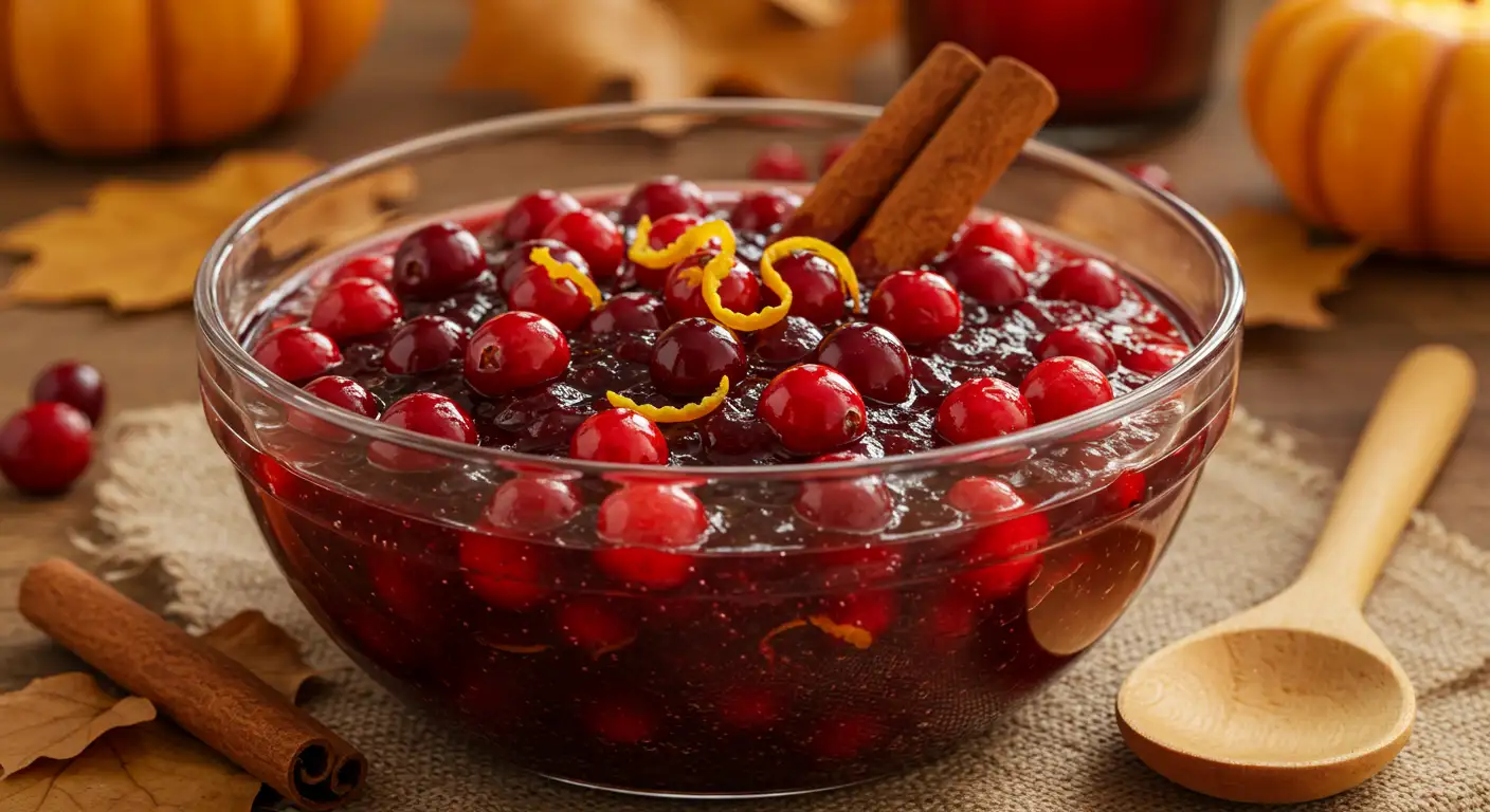Fresh homemade cranberry sauce with orange zest and cinnamon on a rustic Thanksgiving table.