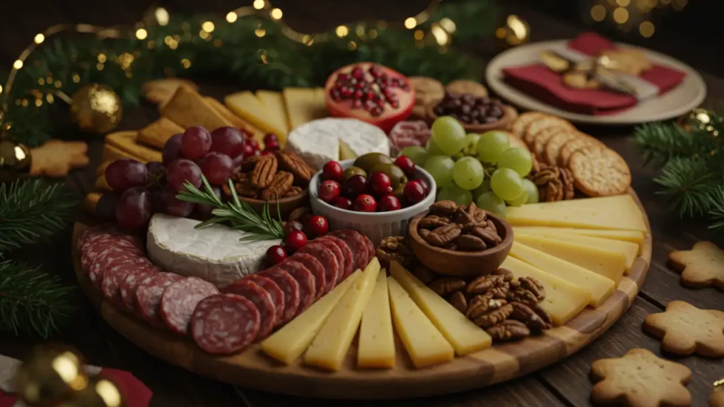 Ultra-realistic holiday charcuterie board on a wooden platter featuring assorted cheeses, cured meats, grapes, pomegranate, cranberries, nuts, and festive greens with warm Christmas lights in the background.