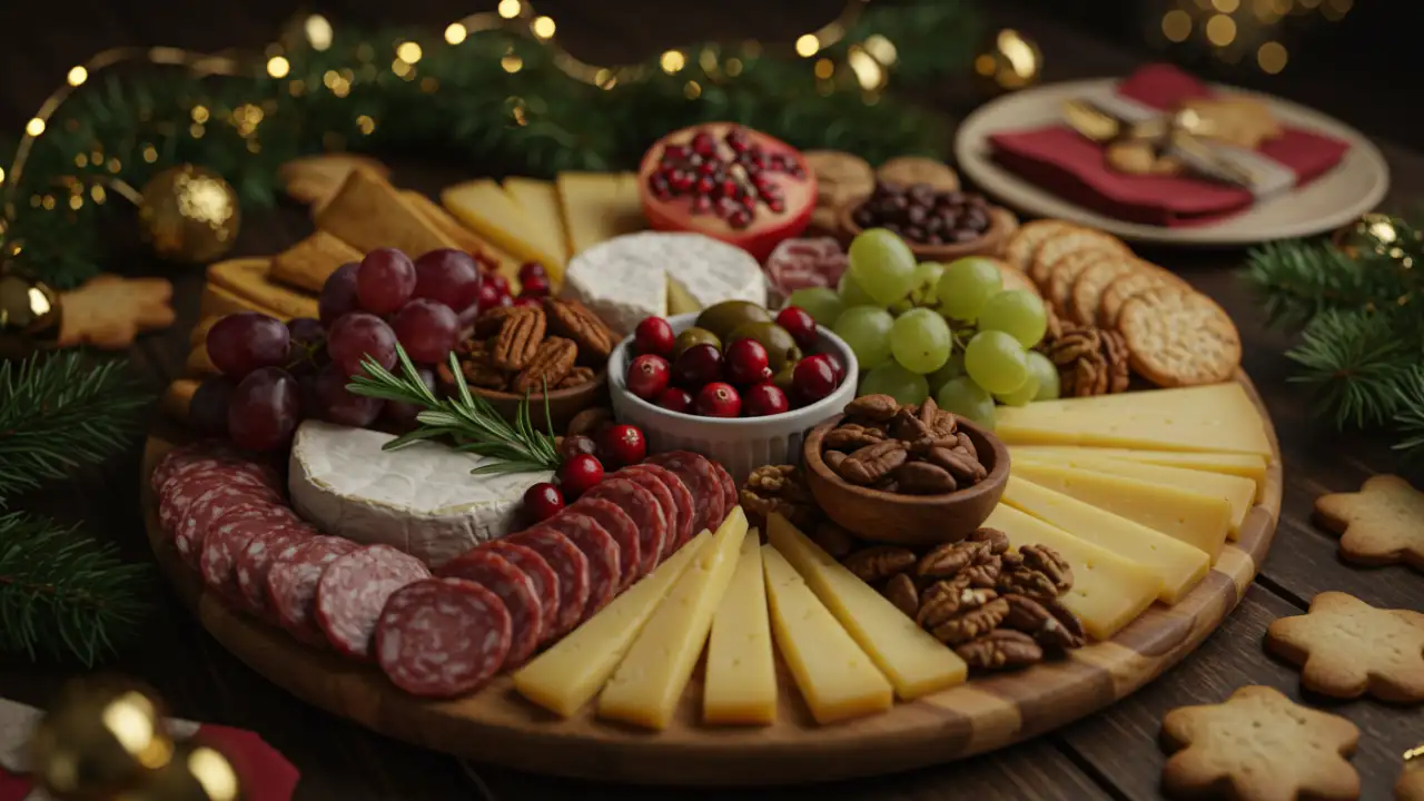 Ultra-realistic holiday charcuterie board on a wooden platter featuring assorted cheeses, cured meats, grapes, pomegranate, cranberries, nuts, and festive greens with warm Christmas lights in the background.