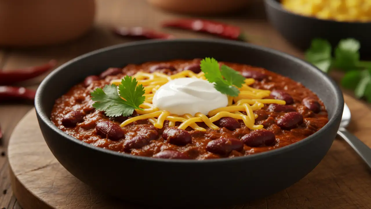 Ultra-realistic close-up of a Chili con Carne 2025 bowl filled with tender beef, red beans, and rich tomato sauce, topped with cheddar, sour cream, and cilantro on a rustic wooden table in warm natural daylight.