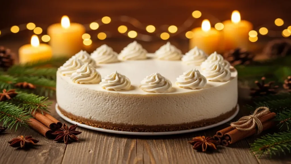 Close-up of a creamy gingerbread cheesecake topped with whipped cream swirls, surrounded by cinnamon sticks, pine sprigs, and glowing candles on a rustic wooden table.