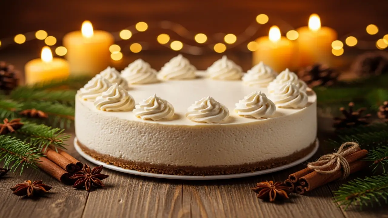 Close-up of a creamy gingerbread cheesecake topped with whipped cream swirls, surrounded by cinnamon sticks, pine sprigs, and glowing candles on a rustic wooden table.