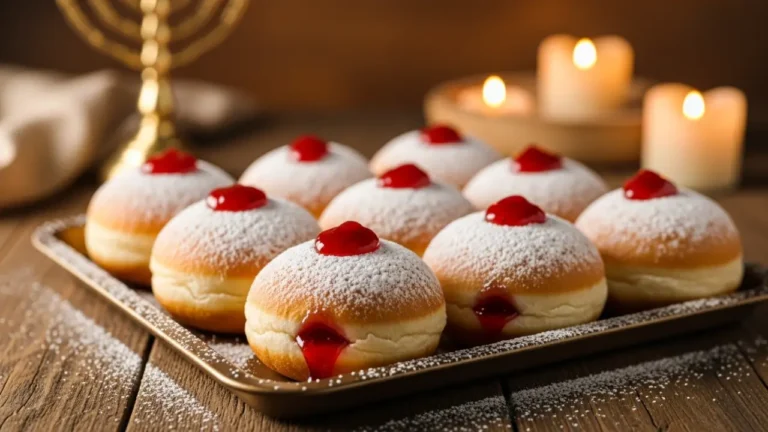 Freshly fried sufganiyot Hanukkah donuts with strawberry jam filling and powdered sugar – traditional Jewish dessert for the Festival of Lights.