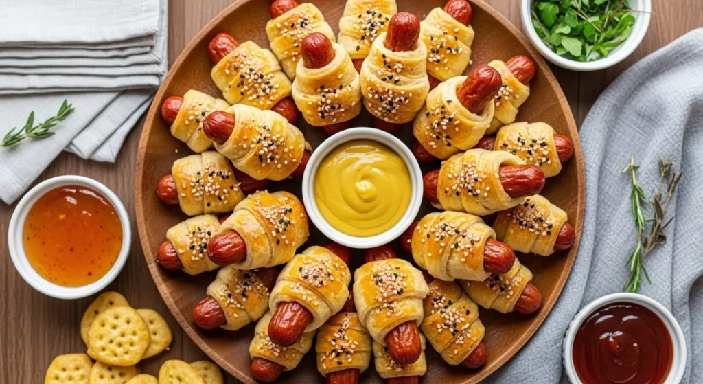 Golden-brown Lil Smokies wrapped in flaky crescent rolls on a rustic wooden platter with dipping sauces