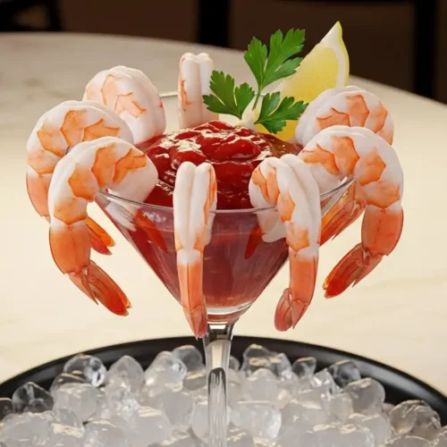 Chilled shrimp cocktail in a martini glass with red cocktail sauce, lemon wedge, and parsley garnish — ultra-realistic seafood appetizer photography for Shrimp Cocktail 2025.