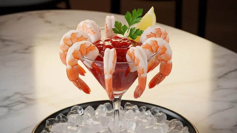 Chilled shrimp cocktail in a martini glass with red cocktail sauce, lemon wedge, and parsley garnish — ultra-realistic seafood appetizer photography for Shrimp Cocktail 2025.