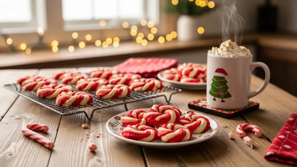 Candy cane cookies cooling in a festive holiday kitchen