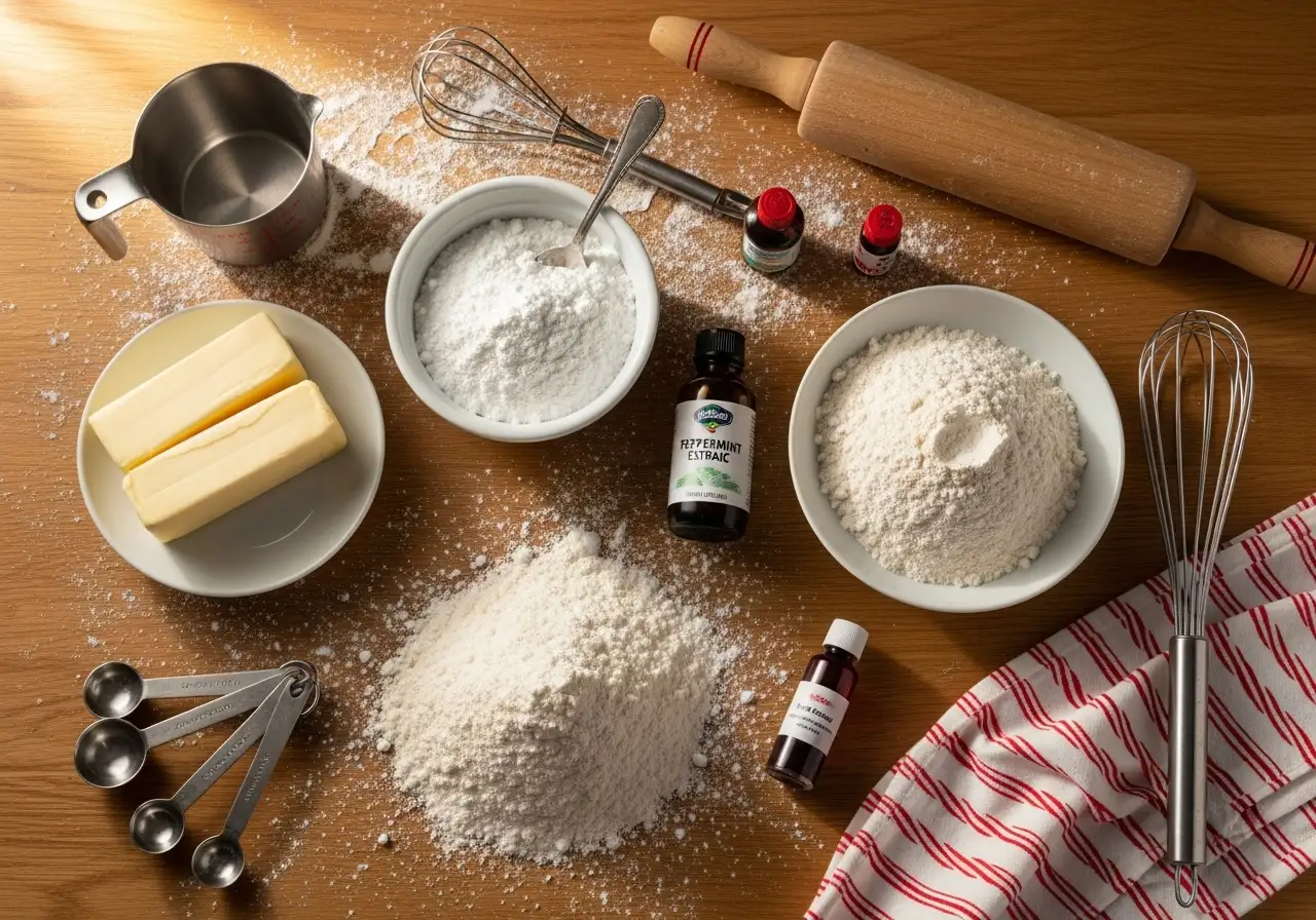 Ingredients for baking candy cane cookies on a rustic surface
