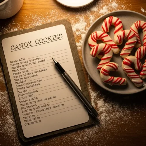 Candy cane cookie recipe card with baked cookies
