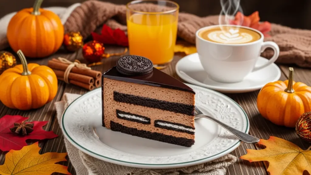 Slice of Oreo mousse cake with chocolate ganache on elegant plate, surrounded by pumpkins, cinnamon, and fall decor