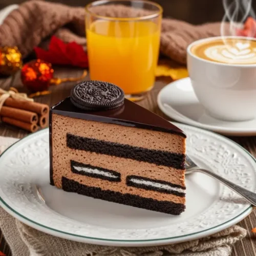 Slice of Oreo mousse cake with chocolate ganache on elegant plate, surrounded by pumpkins, cinnamon, and fall decor