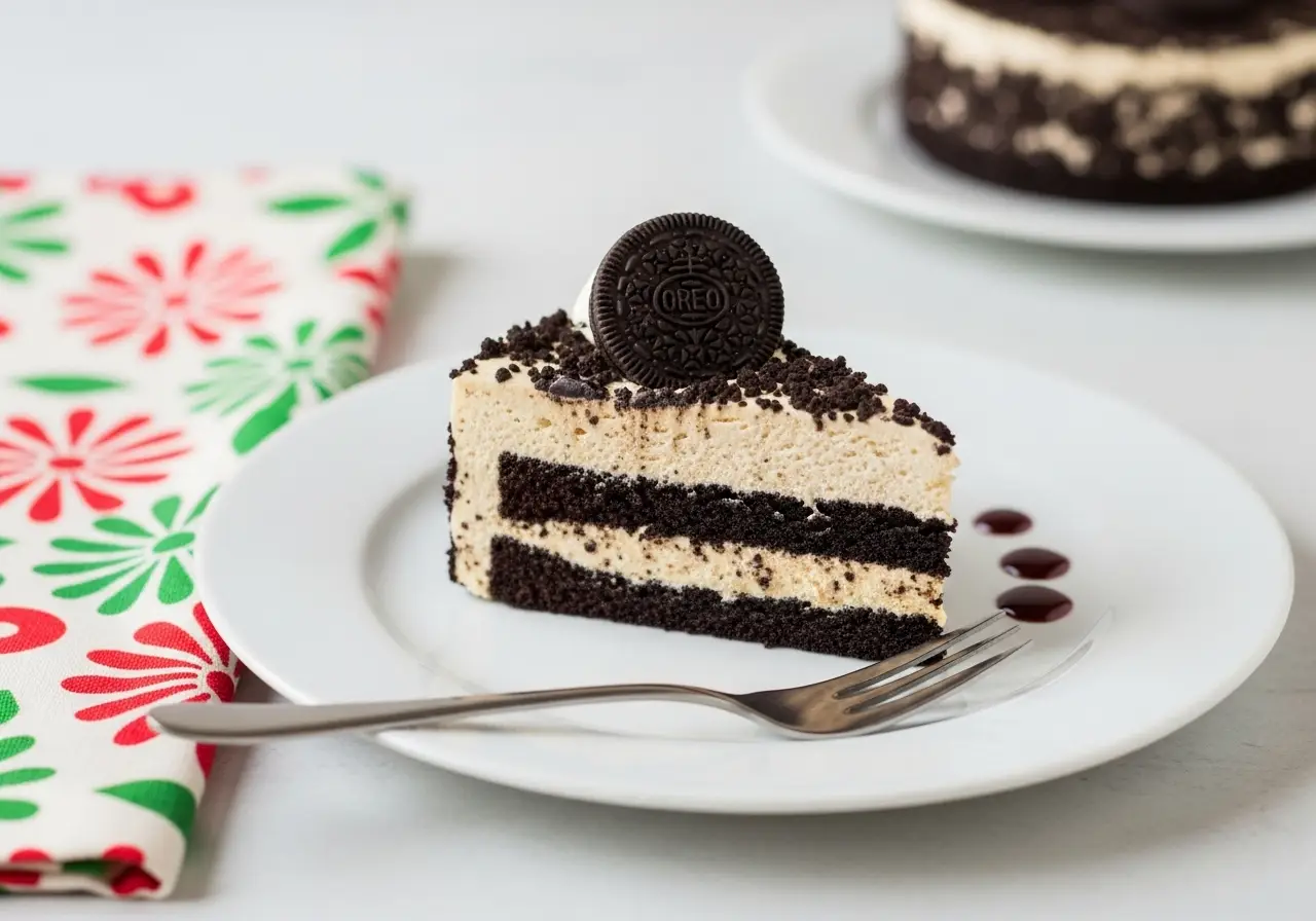 oreo-mousse-cake-serving-2025.webp Slice of Oreo mousse cake with creamy layers and cookie topping served on a white plate with a festive napkin