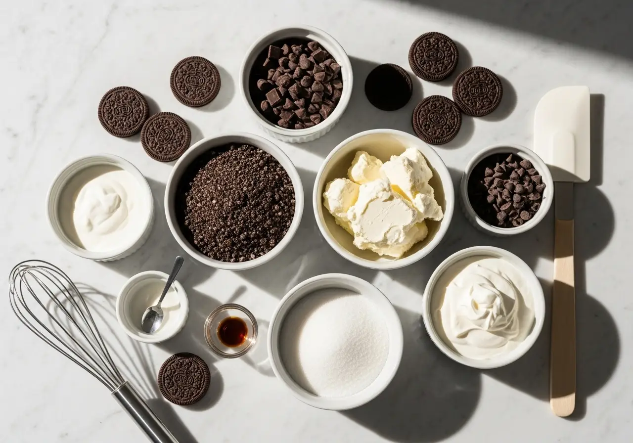 oreo-mousse-cake-ingredients-2025.webp Ingredients for Oreo mousse cake including crushed Oreos, cream cheese, chocolate chips, sugar, vanilla, and whipped cream on a marble counter