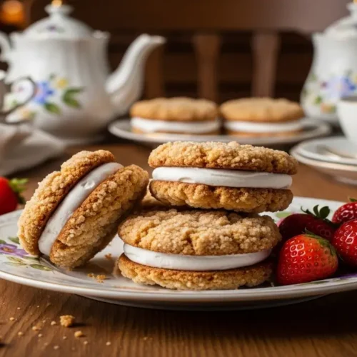Crumbl Mallow Sandwich Cookies served with strawberries and tea