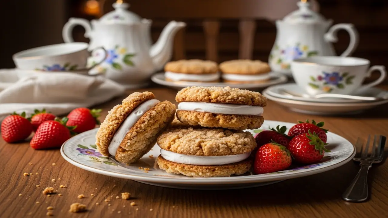 Crumbl Mallow Sandwich Cookies served with strawberries and tea
