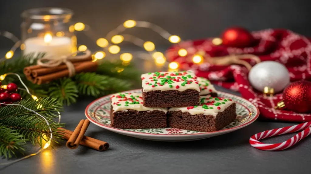 Frosted Christmas brownies on a ceramic plate with festive decorations