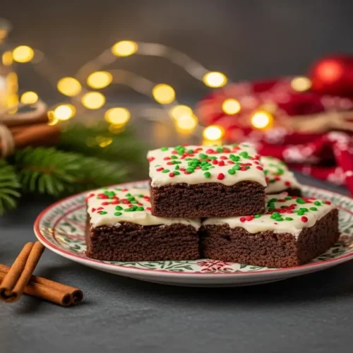 Frosted Christmas brownies on a ceramic plate with festive decorations