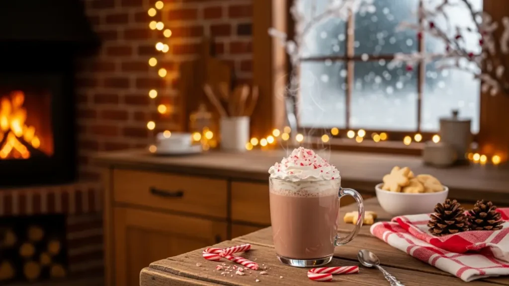 Peppermint Hot Chocolate in a festive winter setting