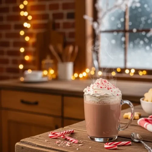 Peppermint Hot Chocolate in a festive winter setting