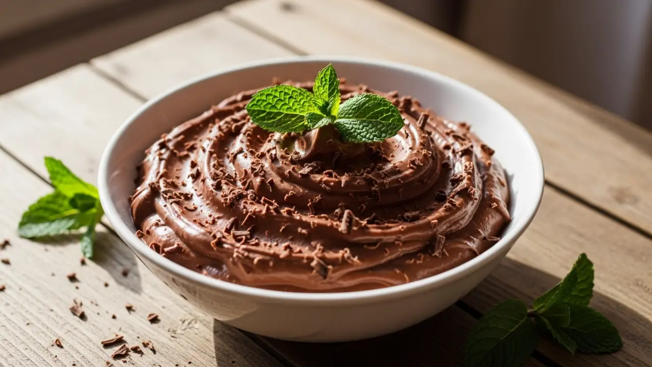 Cottage Cheese Mousse in glass bowl with chocolate shavings