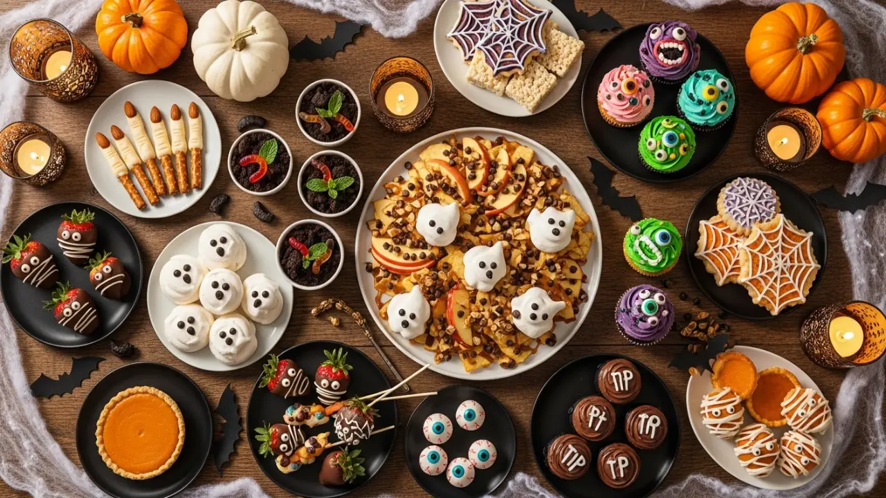 “Overhead view of a Halloween dessert table for 2025 with spooky treats including ghost meringue cookies, monster cupcakes, caramel apple nachos, dirt cups, and themed finger foods, decorated with pumpkins, candles, and cobwebs.”