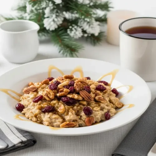 Winter oatmeal recipes with apples and cinnamon in cozy kitchen