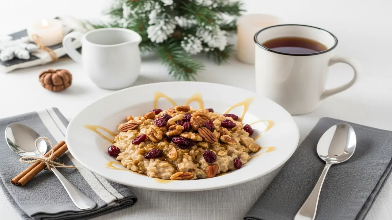 Winter oatmeal recipes with apples and cinnamon in cozy kitchen