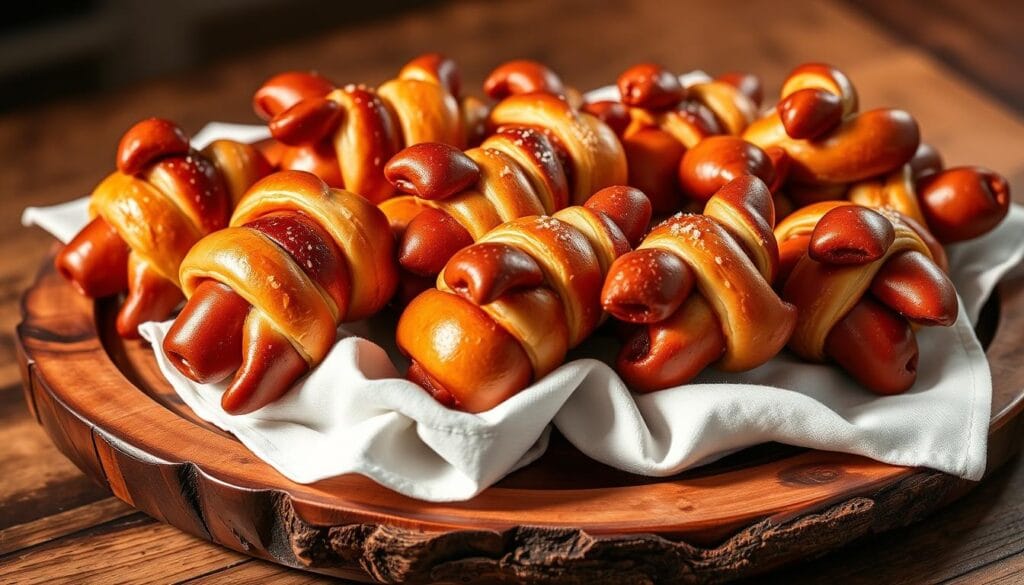 Pretzel Pigs in a Blanket Serving Platter - a rustic wooden platter overflowing with golden-brown pretzel-wrapped sausages, arranged in a playful, inviting display. The pigs are nestled on a crisp white linen napkin, their shapes casting soft shadows. Warm, dramatic lighting illuminates the scene, highlighting the delicate pretzel texture and the sizzling, juicy filling. Subtle garnishes like fresh herbs or a sprinkle of coarse salt add tasteful accents. The overall composition evokes a sense of homemade comfort and effortless elegance, perfect for a party or special occasion. Pretzel Pigs in a Blanket Serving Platter - a rustic wooden platter overflowing with golden-brown pretzel-wrapped sausages, arranged in a playful, inviting display. The pigs are nestled on a crisp white linen napkin, their shapes casting soft shadows. Warm, dramatic lighting illuminates the scene, highlighting the delicate pretzel texture and the sizzling, juicy filling. Subtle garnishes like fresh herbs or a sprinkle of coarse salt add tasteful accents. The overall composition evokes a sense of homemade comfort and effortless elegance, perfect for a party or special occasion.