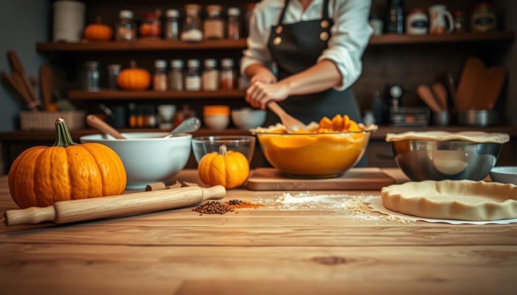 Pumpkin Pie Preparation Steps: A cozy kitchen scene with a wooden table in the foreground, showcasing the process of making a classic pumpkin pie. Warm, soft lighting illuminates the ingredients - a pumpkin, a rolling pin, a mixing bowl, spices, and a freshly baked pie crust. In the middle ground, a chef's hands carefully measure and mix the ingredients, while in the background, shelves display jars of spices and baking supplies. The overall atmosphere evokes the comforting aroma of autumn baking, inviting the viewer to imagine the delicious pumpkin pie to come.