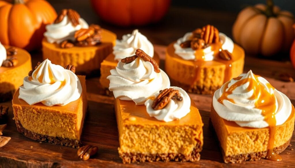 Pumpkin cheesecake slices arranged on a wooden table, with a variety of flavor toppings and garnishes. Creamy pumpkin filling in a buttery gingersnap crust, topped with swirls of spiced whipped cream, toasted pecans, candied ginger, and dollops of caramel sauce. Warm autumn lighting casts a cozy glow, highlighting the rich textures and autumnal hues. The scene conveys a sense of indulgence and celebration of fall flavors. Pumpkin cheesecake slices arranged on a wooden table, with a variety of flavor toppings and garnishes. Creamy pumpkin filling in a buttery gingersnap crust, topped with swirls of spiced whipped cream, toasted pecans, candied ginger, and dollops of caramel sauce. Warm autumn lighting casts a cozy glow, highlighting the rich textures and autumnal hues. The scene conveys a sense of indulgence and celebration of fall flavors.