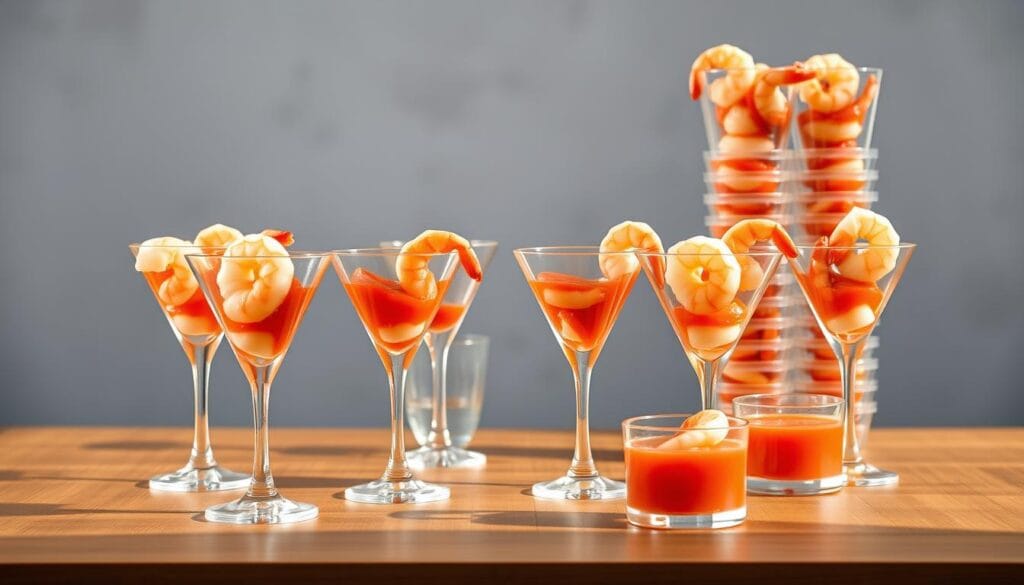 Shrimp cocktail cups arranged on a wooden table, lit by warm, natural lighting. The cups are made of clear glass, showcasing the bright red shrimp and tangy cocktail sauce within. In the background, a simple grey or white wall provides a clean, minimalist backdrop. The cups are neatly organized, with some stacked and others placed individually, demonstrating effective storage and presentation techniques. The overall composition conveys an elegant, sophisticated atmosphere suitable for a dinner party or special occasion. Shrimp cocktail cups arranged on a wooden table, lit by warm, natural lighting. The cups are made of clear glass, showcasing the bright red shrimp and tangy cocktail sauce within. In the background, a simple grey or white wall provides a clean, minimalist backdrop. The cups are neatly organized, with some stacked and others placed individually, demonstrating effective storage and presentation techniques. The overall composition conveys an elegant, sophisticated atmosphere suitable for a dinner party or special occasion.